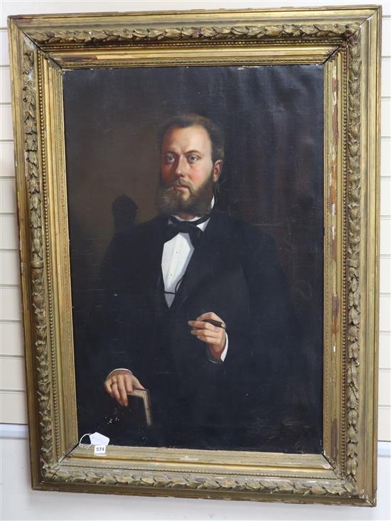 Early 20th century Continental School, oil on canvas, Half length portrait of a gentleman smoking a cigar, 102 x 68cm